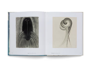 A studio shot of an open art book displaying two abstract charcoal drawings on facing pages. The left page shows a dark, symmetrical composition with a tall, thin shape rising from a wing-like base. The right page features a lighter, more fluid drawing of swirling, ribbon-like forms in shades of grey.