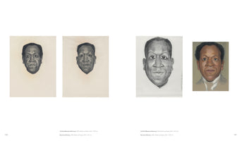 A two-page spread from an art book displaying four self-portraits of the artist Beauford Delaney from 1943. Three grayscale charcoal drawings are on the left, and a color pastel portrait is on the far right, all showing a frontal view of the Black artist's face.