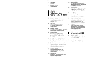 A table of contents in German, presented in two columns on a white page. Prominent section headings include Teil 1: Visionen und Wirklichkeit 1972 and Intermezzo 2022. The entries list page numbers, authors, and titles related to art and the 1972 Olympic Games in Munich.