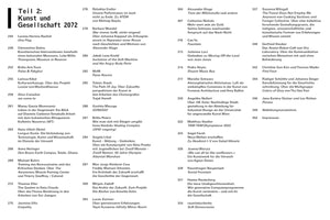 A black and white page showing a table of contents from a publication. The main heading is Teil 2: Kunst und Gesellschaft 2072. The content is arranged in three columns, listing page numbers, author names, and the titles of their respective articles or works, primarily in German.