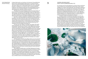 A page from a book with two columns of German text. The right side features a large, color aerial photograph of the Munich Olympic Park, showing its iconic, web-like transparent canopy roof over a plaza with crowds of people and circular green spaces.