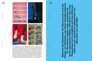 A two-page spread from a German-language publication. The left page, numbered 42, shows four distinct images: a sequential depiction of a long jumper on a pink grid, a graphic of a riot police officer on a winner's podium, a painting of feet in athletic shoes on an American flag, and a collage of newspaper clippings. The right page, numbered 43, is a solid bright blue with a vertical column of black German text.