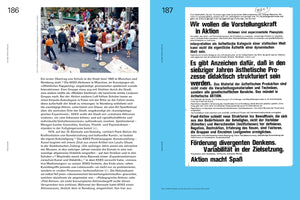 A two-page spread from a book. The left page, 186, shows a black-and-white photo of a street performance with a crowd, above a column of German text. The right page, 187, has a bright blue background and features a scanned German manifesto in bold, black typography.