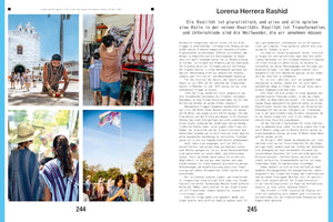 A two-page magazine spread, pages 244 and 245, featuring an article in German about artist Lorena Herrera Rashid. The pages include a photo collage showing a man in a striped poncho kneeling before a white church, a person holding a woven textile in a shop, a colorful flag against a blue sky, and people in traditional clothing at an outdoor gathering.