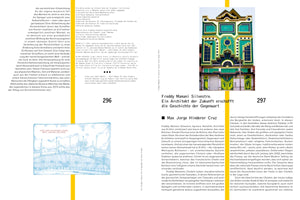 A two-page spread from a German publication, pages 296 and 297, separated by a vertical yellow line. The left page features text and a blue line drawing of a stadium. The right page has text and a prominent color photo of a building with a vibrant, highly ornate, and geometric facade in bright green, yellow, and dark teal, under a headline about architect Freddy Mamani Silvestre.