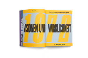 An open book against a white background, displaying a two-page spread with modernist graphic design. The pages have a light blue background with the year 1972 printed in large, bold, yellow numerals across them. Overlaid in a black sans-serif font is the German text VISIONEN UND WIRKLICHKEIT. Additional text reads Kunst für die Olympischen Spiele and in München 1972, referencing the art for the 1972 Munich Olympic Games.