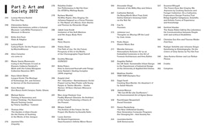 A table of contents page from a publication, with the heading Part 2: Art and Society 2072. The page is organized into three columns, listing various authors and the titles of their works alongside their corresponding page numbers.