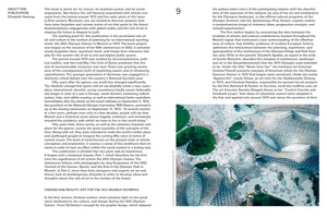 An open book showing a two-page spread with text about the 1972 Munich Olympics. The right-hand page features a large aerial photograph of the Munich Olympic Park's iconic tensile canopy roof, under which crowds of people walk along plazas and pathways.