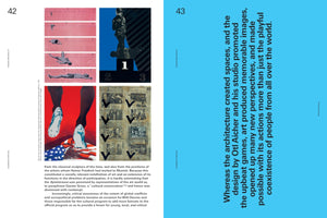 A two-page book spread, pages 42 and 43. The left page displays four images above a column of text. The images show a high jumper against a pink grid, a figure in riot gear on a victory podium, a view of athletic shoes on an American flag, and a collage of newspaper clippings. The right page has a bright blue background with a large paragraph of black text rotated vertically on its side.