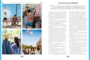 A two-page magazine spread by artist Lorena Herrera Rashid, pages 244-245. The left page shows four color photos of a cultural event: a man kneels on a cobblestone street in front of a white church, a person hangs woven textiles, people wear traditional ponchos, and a colorful abstract flag flies against a blue sky. The right page contains a block of text titled Reality is plural, and everything and everyone plays a role in the One Reality.