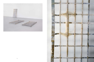 A two-panel image. The left panel shows an art installation in a white gallery space with a grey floor. Two metal bed frames with a grid pattern lie on the floor, and a third similar frame leans against the back wall. The right panel is a close-up, detailed view of a section of a frame, showing the mottled metal bars wrapped and bound with a thin, yellowish, semi-translucent fibrous material.