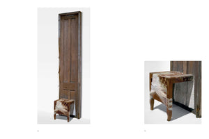 A two-panel image of an art installation against a white background. On the left, a tall, weathered wooden door stands with a small stool in front of it. The stool is encased in a thick, textured, semi-translucent substance with white fabric embedded within. The right image provides a close-up view of the stool and the base of the door, highlighting the unique surface texture.