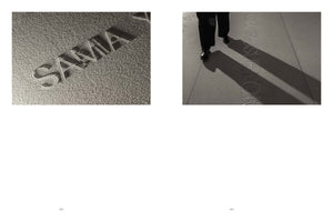 A two-panel, black-and-white photograph. The left panel is a close-up of the name SAMIA embossed on a grainy pavement, with the letters casting shadows. The right panel shows the lower legs of a person walking, casting a long shadow over more embossed text on the same pavement.