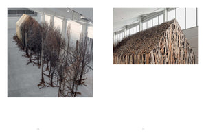 A two-panel image showing an art installation in a large gallery. The left image is a wide shot of a long structure shaped like a house, made from woven branches, which morphs into two long rows of bare, dark trees with exposed roots. The right image is a close-up of the house, showing the intricate, nest-like texture of the woven wood.