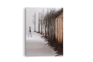 A long exposure photograph shows a motion-blurred person walking through a spacious, white art gallery. To the right is a large installation featuring a line of bare, dark trees with exposed roots on the floor, which blend into a dense, illuminated wall of thin vertical wooden strips.