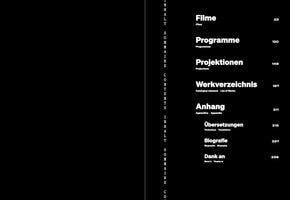 A minimalist table of contents with white text on a black background. On the right, a list of chapters in German, like Filme and Programme, is shown with English and French translations and page numbers. On the left, a narrow vertical column spells out the words INHALT, SOMMAIRE, and CONTENTS.