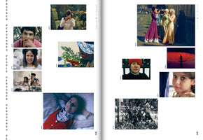 A two-page spread from a book, pages 48 and 49, displaying a collection of film stills of people. Vertical text on the left reads PEOPLE in several languages, and text near the spine reads SUPER 8 FILME. The photographs include various portraits of men, women, and children, a woman taking a photo, women in long dresses, and a person's silhouette in red-tinted water.