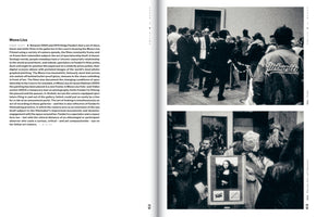A two-page spread from a book. The left page contains text titled Mona Lisa. The right page shows two grainy, black-and-white photographs of crowds in a museum. The top image shows people queuing behind a rope. The bottom image shows a dense crowd in front of a sign that displays a small reproduction of the Mona Lisa and no-photography symbols.
