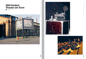 A two-page magazine spread about an event called 20H Fanderl at Theater am Turm in Frankfurt, 2004. The left page shows the brick exterior of the theater with a marquee. The right page has a photo of a Super 8 film projector and another of an audience watching a screening while sitting on tiered steps.