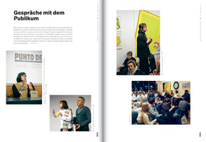An open book showing a two-page spread, pages 194 and 195, with German text titled Gespräche mit dem Publikum. The spread features four color photographs of a woman with dark hair and glasses engaging with audiences in different settings, including speaking at a panel and giving talks in a gallery.
