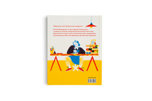 The back cover of a German book with a colorful, stylized illustration of an artist with blue hair sitting at a work desk. The desk is on red trestles and holds art supplies and a stack of books. The top of the cover is off-white with red text, and the bottom is bright yellow with a barcode and ISBN.