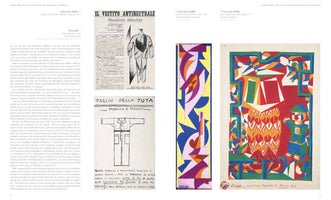A page from a book about Italian Futurist design, displaying German text alongside four images related to Giacomo Balla. The images show the 1914 Futurist Manifesto for clothing with a suit sketch, a pattern for a jumpsuit, a colorful abstract design for a scarf, and a vibrant, geometric Futurist painting from 1917.