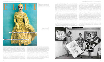 A two-page spread from a book on the history of modern textile printing. The left page displays a vintage ELLE magazine cover from 1953, featuring a model in a yellow patterned dress with a matching hat and gloves. The right page has German text and a black-and-white photo of three women in an art gallery, each wearing a different patterned dress and holding up a large piece of fabric with a corresponding abstract design.