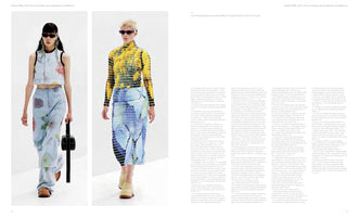A two-page spread from a German fashion publication. On the left, a model with dark hair wears a light blue floral crop top and matching wide-leg pants. On the right, a model with short blonde hair wears a yellow and black textured long-sleeve top and a blue patterned skirt. Both models wear sunglasses and are walking on a white background.