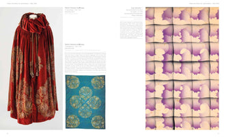 A page from a book on early 20th-century Italian design, featuring text in German. On the left, a full-length red velvet cape with a ruffled collar and gold patterns hangs on a mannequin, above a sample of blue fabric with gold circles. The right side shows a large abstract pattern of purple and white airbrushed shapes arranged in a grid.