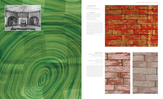 A two-page book spread with a large, swirling green abstract pattern on the left page, which also contains an inset black-and-white photo of a decorated room. The right page has German text and three images of textile patterns designed to look like brickwork in various color schemes, including red and gold, and muted pinks.