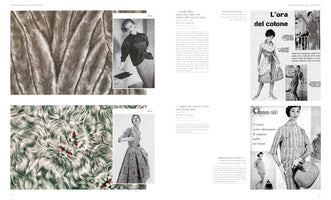 A two-page spread from a book about 1950s fashion, written in German and Italian. On the left, two fabric swatches, one resembling grey fur and another with green and white swirls forming cat faces, are shown next to black-and-white photos of models wearing corresponding outfits. The right page features black-and-white Italian advertisements for women's cotton dresses and summer suits from the era.