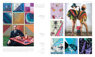 A two-page book spread about fashion designer Emilio Pucci from 1950-1960. The layout includes a photo of Pucci, a grid of nine colorful and geometric silk scarves, two models wearing vibrant patterned tops and hats, and several examples of his distinctive fabric prints with abstract and illustrative motifs.