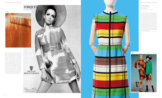 A two-page spread from a fashion book about 1960s styles. The left page has a black-and-white photo of a model in a patterned minidress and a large hat. The right page shows a sleeveless dress on a mannequin with a colorful, Mondrian-style grid pattern of red, yellow, green, and blue against a solid blue background.