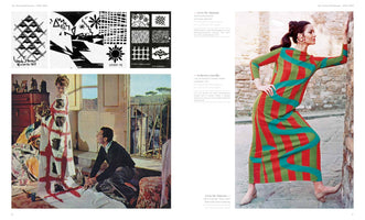 A page from a book displaying fashion design. On the left are black and white graphic pattern sketches, and a color photo of a designer painting a red and black pattern onto fabric draped around a woman. On the right is a full-length photo of a model wearing a long, colorful dress with red, green, and teal stripes and swirls.