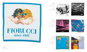 A two-page spread from a book displaying various Fiorucci designs from the 1970s. The left page shows a large white cloth with a blue border, featuring two angels in sunglasses and the text FIORUCCI since 1492. The right page displays six smaller, colorful printed cloths with various illustrations, including airplanes, a space scene, and pop art.