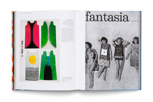 An open book displays a two-page spread about 1960s fashion. The left page shows four colorful, graphic illustrations of tunics. The right page features a large, black-and-white photograph of four women modeling patterned tunics and beachwear, with the word fantasia printed above them.