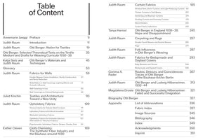 A minimalist, two-column table of contents for a book about textile designer Otti Berger. The layout features black sans-serif text on a white background, listing authors, chapter titles such as Fabrics for Walls, Upholstery Fabrics, and Curtain Fabrics, and their corresponding page numbers.