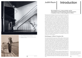 A two-page spread from a book about textile designer Otti Berger. The left page features two black-and-white photos: one of a modernist interior with a sweeping, curved staircase, and a portrait of Otti Berger smiling on a balcony. The right page is the book's introduction by author Judith Raum, with a biography titled Otti Berger: A Short Creative Life.