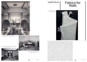 A two-page spread from a publication titled Fabrics for Walls by Judith Raum. Page 58 displays three black-and-white photos of 1930s interiors featuring textile wall coverings in an airplane cabin and two apartments. Page 59 features a large close-up of a shiny, woven fabric swatch and a column of text about the historical use of fabrics on walls.