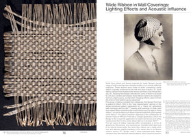 A two-page spread from a book about textiles. The left page shows a detailed close-up of a woven fabric with a checkerboard pattern, made of wide, shiny, light-colored ribbons. The right page features an article titled Wide Ribbon in Wall Coverings, accompanied by a black-and-white photo of a woman in profile wearing a cloche hat made of a similar woven material.
