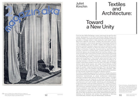 A two-page spread from a book. The left page shows a black-and-white photo of the 1938 cover of magazin aka 2, which features a modern room with flowing sheer curtains and a tubular metal chair. The right page is a text page with the chapter title, Textiles and Architecture: Toward a New Unity by Juliet Kinchin, and the beginning of an essay.