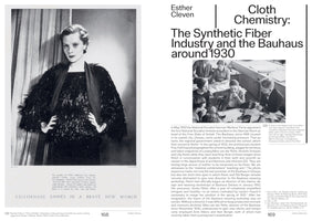 A two-page spread from a publication. The left page features a large, black-and-white 1930s fashion photograph of a woman in a shimmering, shaggy cellophane dress and jacket. The right page is the start of an article titled Cloth Chemistry: The Synthetic Fiber Industry and the Bauhaus around 1930, with a smaller photo of students in a classroom.