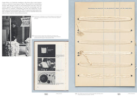 A two-page spread from a book about textiles. The left page, numbered 180, shows black-and-white archival photographs of staple fiber processing in Germany in the 1930s. The right page, 181, displays a vintage yarn sample card from the Bauhaus Dessau weaving workshop, featuring several types of off-white yarn wrapped horizontally across a gridded card with German headings.