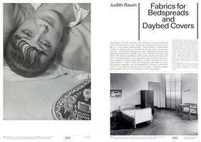 A two-page book spread in black and white. The left page, 292, shows a large, rotated close-up photo of designer Otti Berger lying on a bed with her woven bedspread. The right page, 293, is titled Fabrics for Bedspreads and Daybed Covers and features text alongside a photo of a minimalist Bauhaus dormitory room, with a single bed covered in a shiny textile.