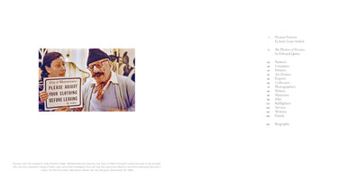 A two-page spread from a book about Picasso. On the left, a color photograph shows a smiling Pablo Picasso, in a dark hat and glasses, next to a woman holding a sign that reads: City of Westminster. PLEASE ADJUST YOUR CLOTHING BEFORE LEAVING by order. The right-hand page shows the book's table of contents.