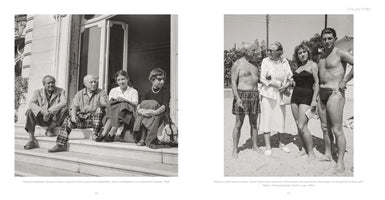A black and white two-page book spread under the heading COLLECTORS, featuring two photographs of Pablo Picasso with friends and family. On the left, Picasso sits on stone steps in Cannes in 1956 with three companions. On the right, a shirtless Picasso stands on a beach in 1954 with four people, including his son and daughter.