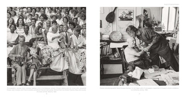 A two-page book spread titled PHOTOGRAPHERS, featuring two black and white photographs of Pablo Picasso. On the left, Picasso, Jean Cocteau, and Jacqueline Roque sit in a crowded audience at an outdoor event. On the right, photographer David Douglas Duncan leans over a seated, shirtless Picasso in his studio, holding his hand and kissing his head.