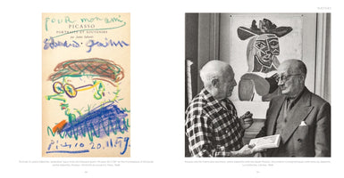 A two-page book spread contrasting two views of artist Pablo Picasso and his friend Jaime Sabartés. On the left is a colorful, childlike crayon portrait of Sabartés by Picasso, drawn on a book's frontispiece. On the right is a black-and-white photograph of the two men standing together; Picasso in a plaid shirt hands a book to Sabartés, who wears a suit and glasses, while a cubist painting hangs on the wall behind them.