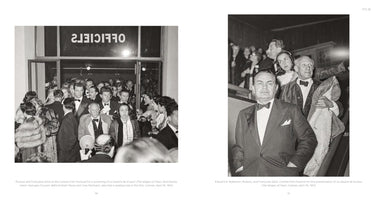 A two-page book spread with black and white photographs from the 1953 Cannes Film Festival. On the left, a crowd in formal attire, including Pablo Picasso and Françoise Gilot, gathers at an entrance. On the right, a close-up shows actor Edward G. Robinson in a tuxedo, with Picasso and Gilot standing behind him.