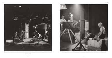 A black and white diptych showing behind-the-scenes photographs from the filming of Le Mystère Picasso in 1955. The left image is a wide shot of the studio, showing a shirtless Pablo Picasso seated and working, surrounded by film crew, cameras, and lights. The right image is a closer shot of director Henri-Georges Clouzot and a cameraman filming Picasso as he creates a drawing.